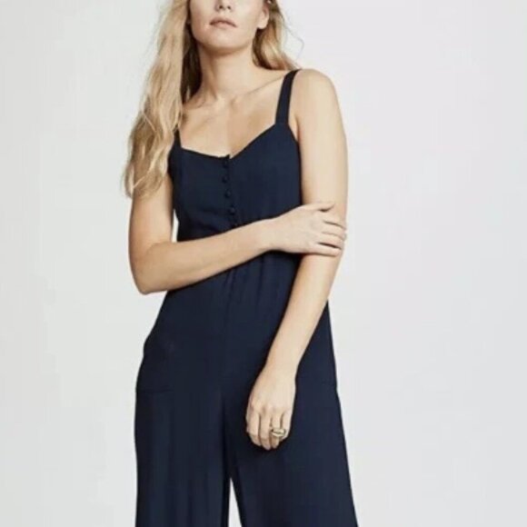 Madewell Navy Blue Cropped Wide Leg Smocked Jumpsuit With Pockets Size 0 - Picture 2 of 6